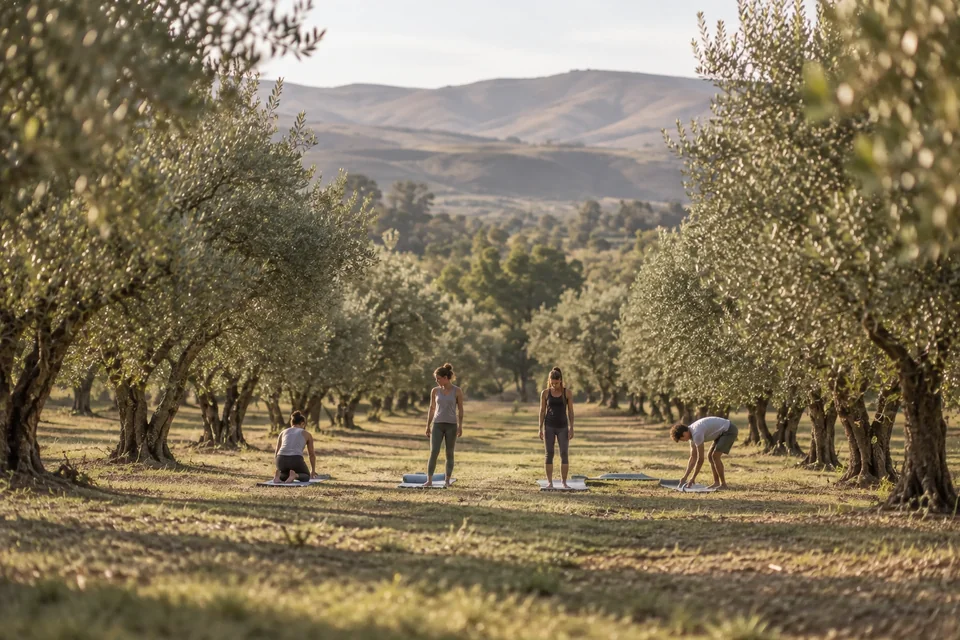 Four adults preparing yoga mats between olive rows, with softly receding hills beyond.