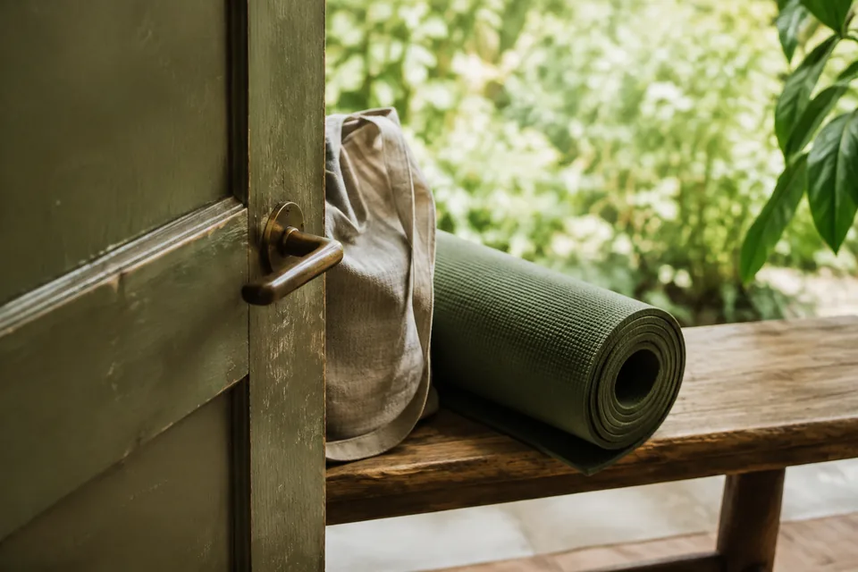 An open green door, with a yoga mat and linen bag on a bench.