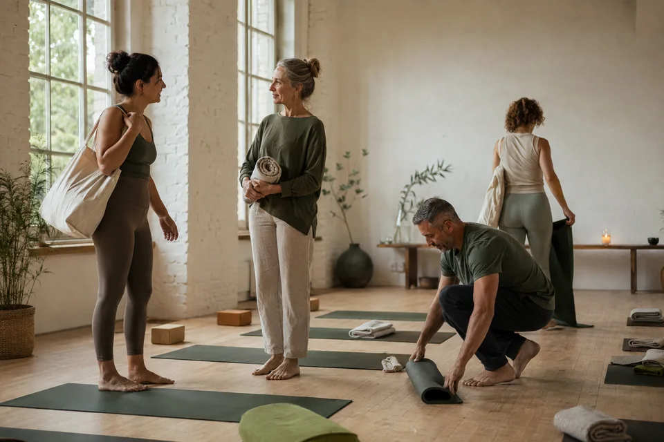 Adults arriving, talking and settling into a yoga class.