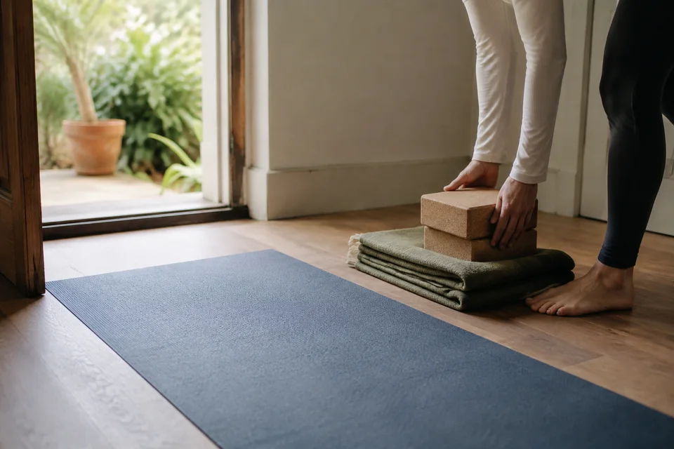 Yoga blocks and a folded blanket being placed beside a mat at the doorway.