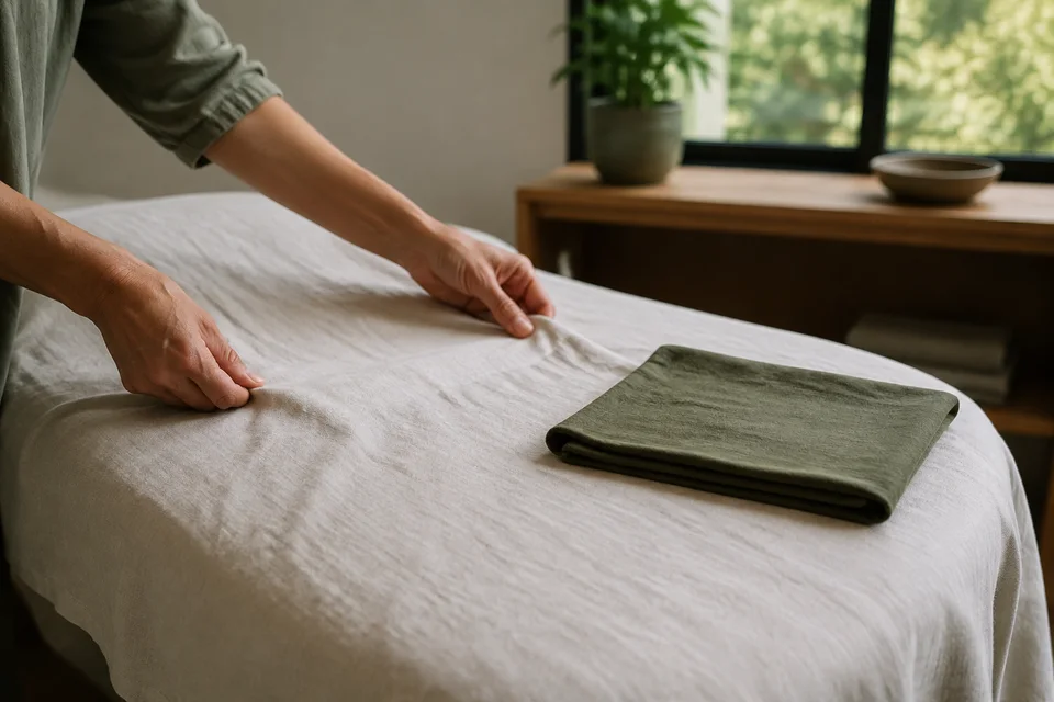 Hands smoothing fresh linen over a simple treatment couch.