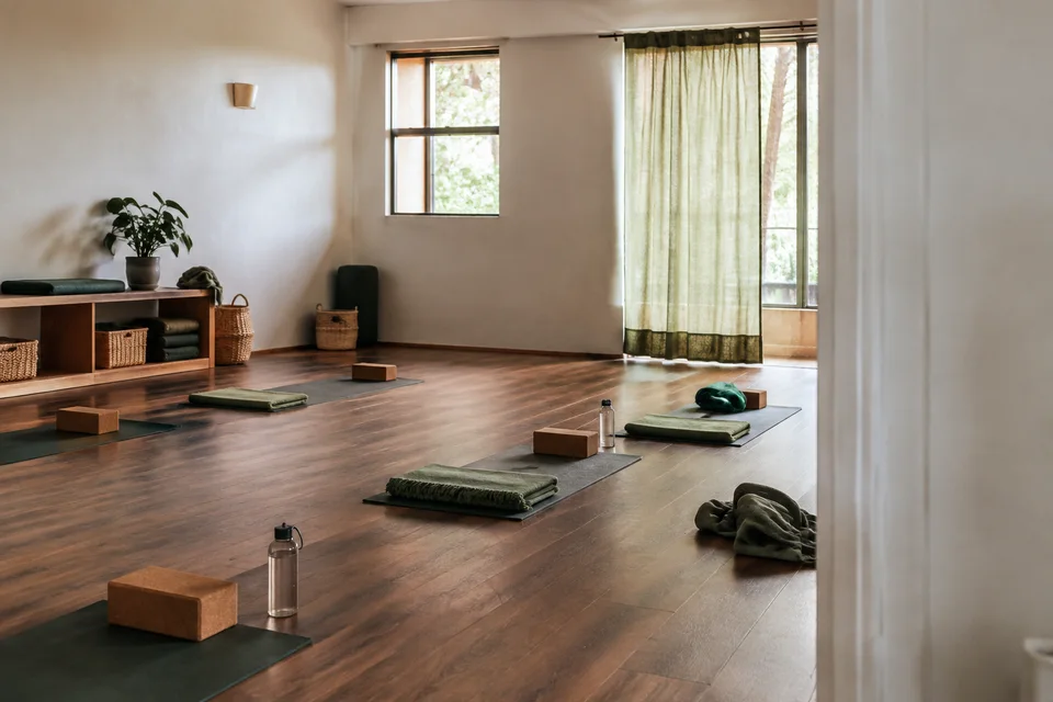 A welcoming yoga room prepared with mats and practical props.