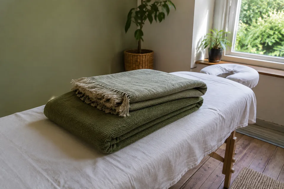 Folded green textiles prepared in soft window light.