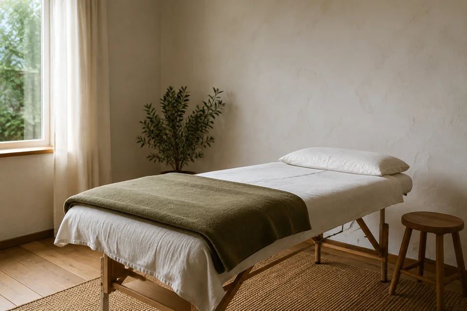 A simple treatment room prepared with linen and an olive-green blanket.
