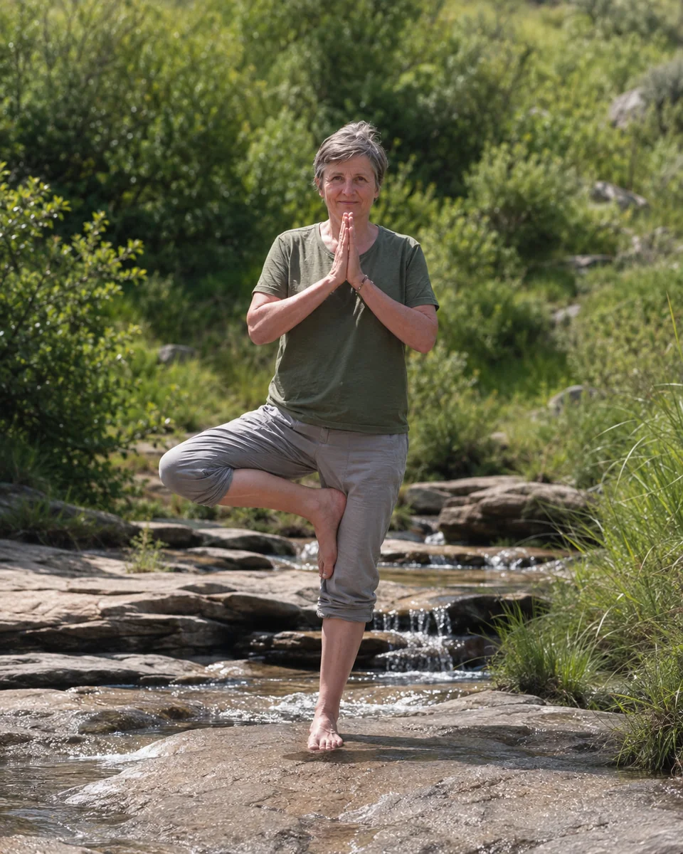 Jane balancing on one leg with prayer hands beside a rocky stream.